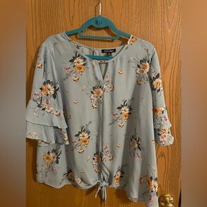 Roz & Ali Floral Tie Front Light Blue Blouse